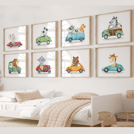 Vintage cars animals print for toddler room decor and baby boys room decor.