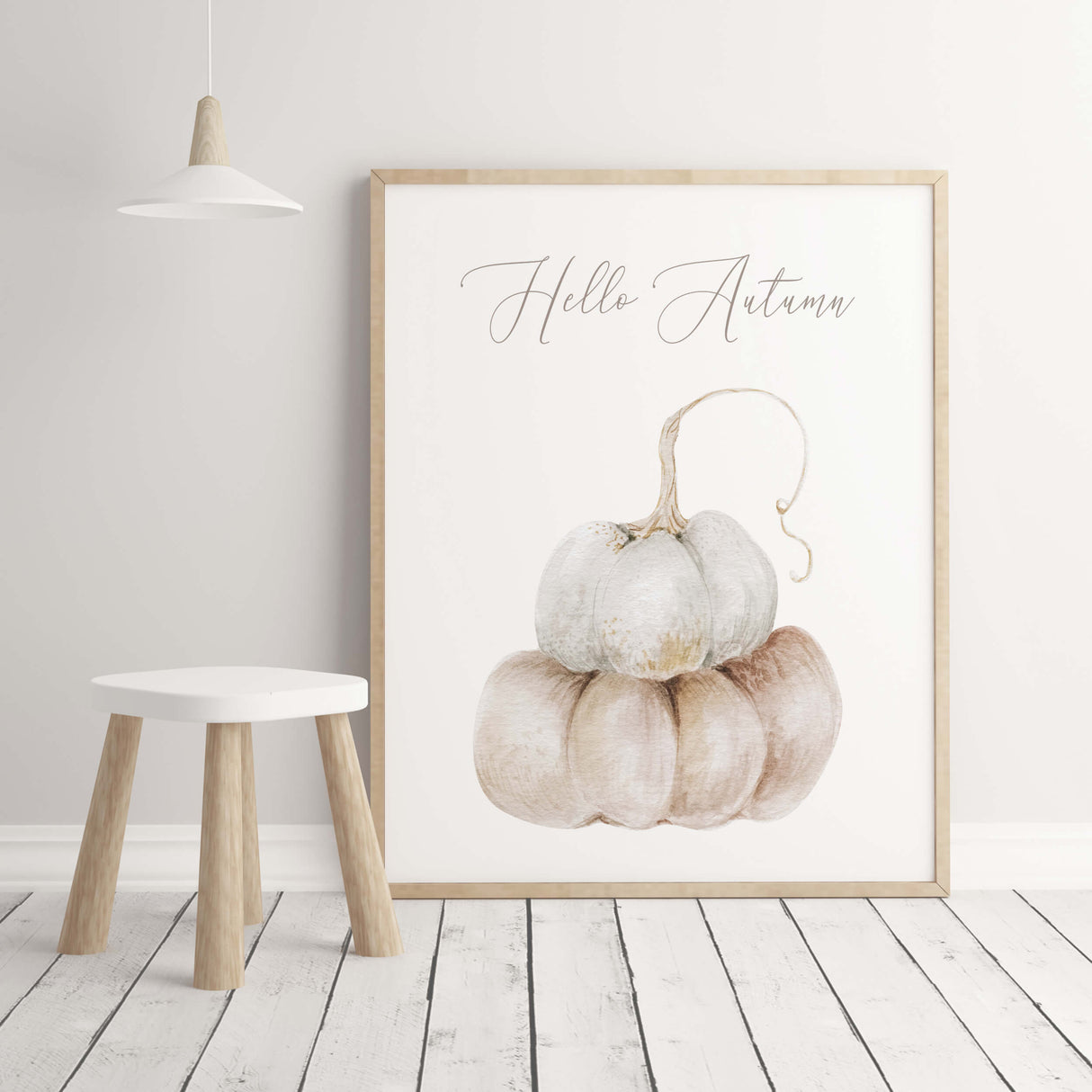 Watecolor beige autumn poster with pumpkin and hello autumn quote for neutral home decor.