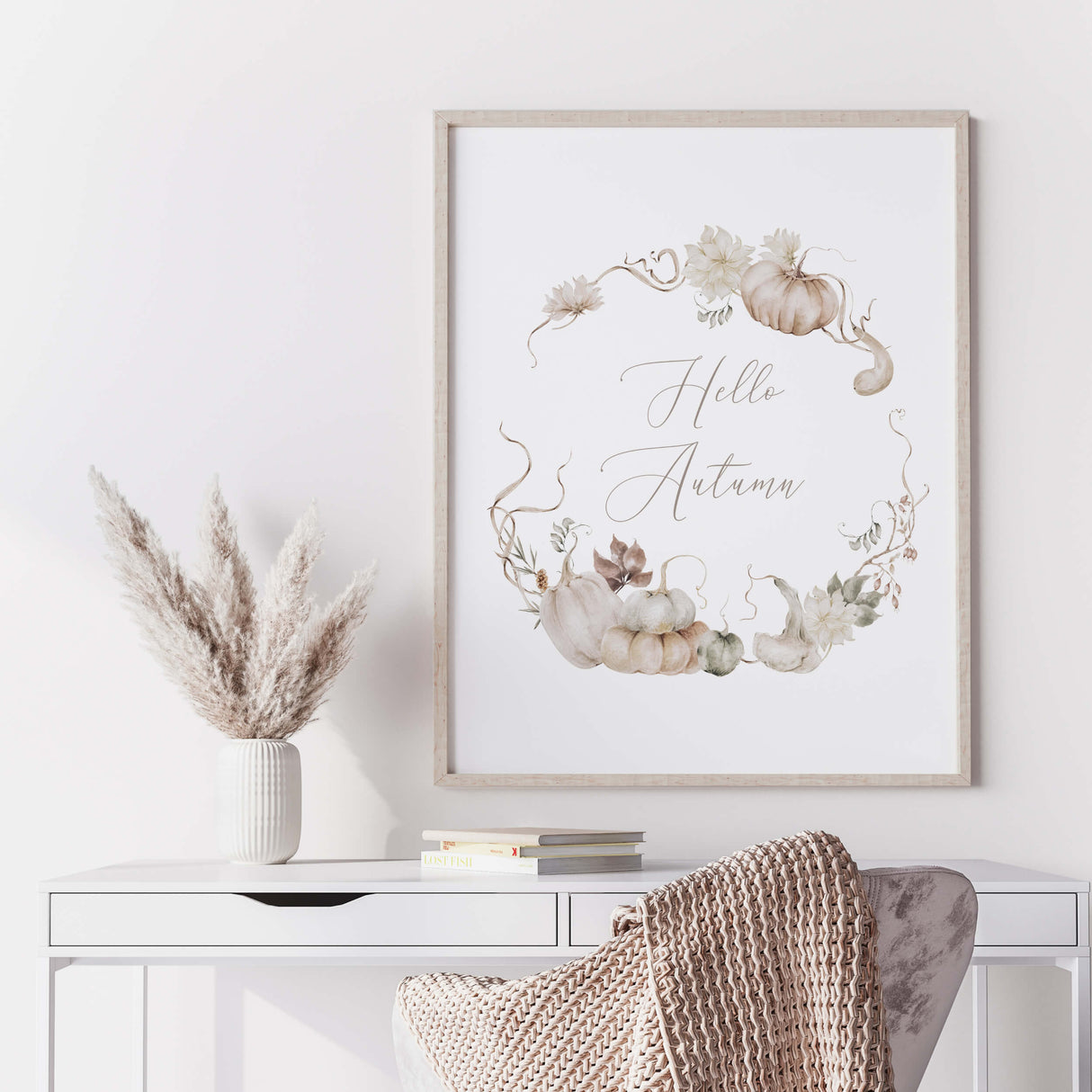 Watercolor beige pumpkin wreath print with hello autumn quote for neutral autumn home decor.