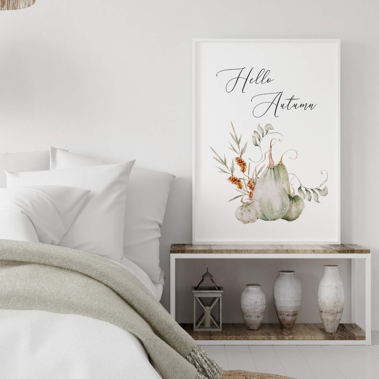 Watercolor sage green fall print with pumpkin and hello autumn quote for autumn home decor.