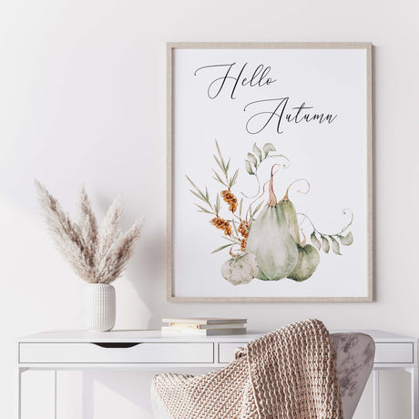 Watercolor sage green fall print with pumpkin and hello autumn quote for neutral home decor.