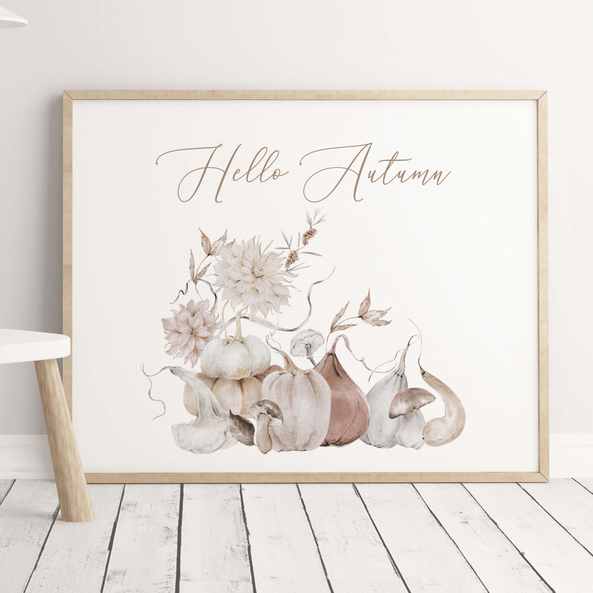 Beige white pumpkin and fall flower print for neutral autumn home decor.