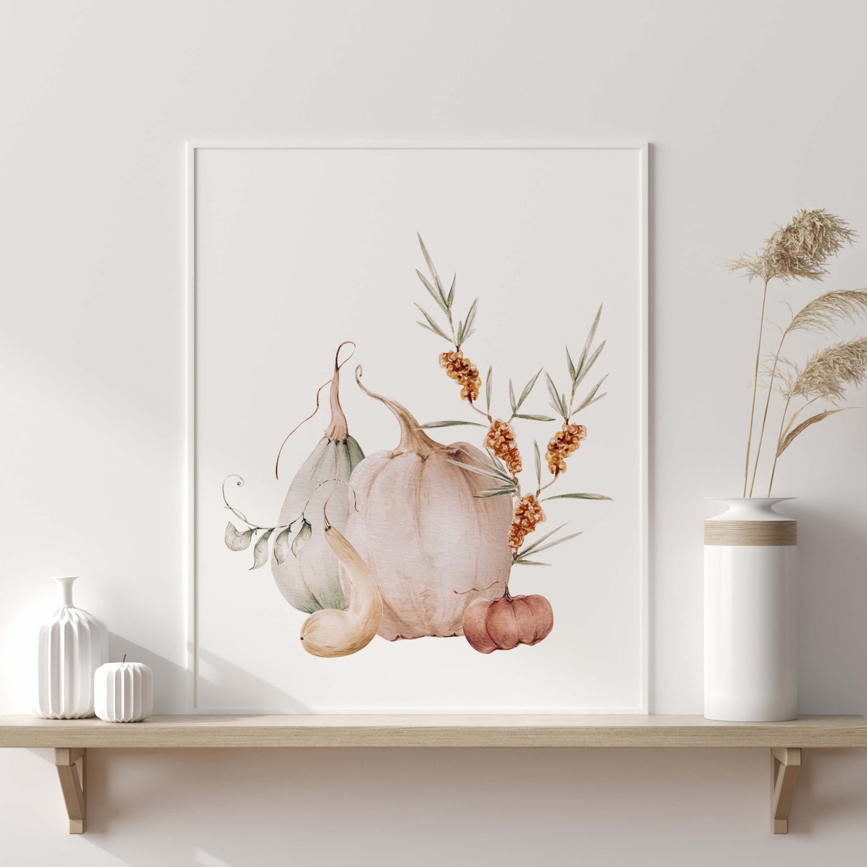 Watercolor pastel fall pumpkin and flower print for autumn home decor.