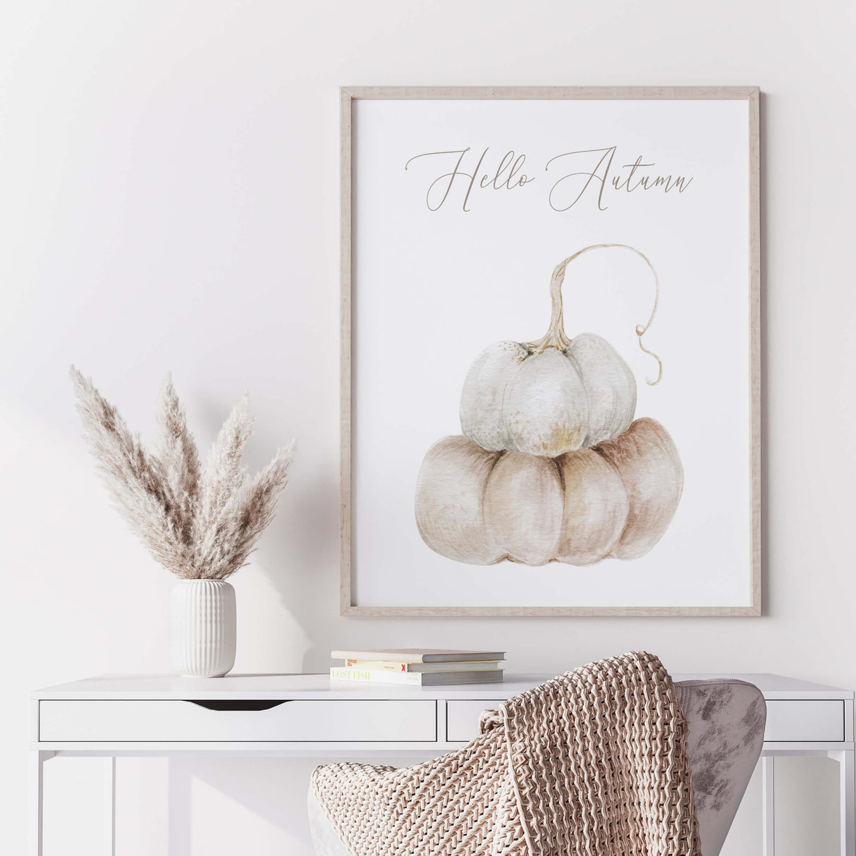 Watecolor beige fall print with pumpkin and hello autumn quote for neutral home decor.