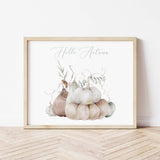 Sage green hello autumn printable with beige and white pumpkin for autumn home decor.