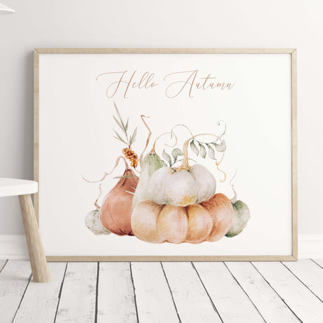 Watercolor pumpkin print with hello autumn quote and white, green, orange pumpkin for neutral autumn home decor.