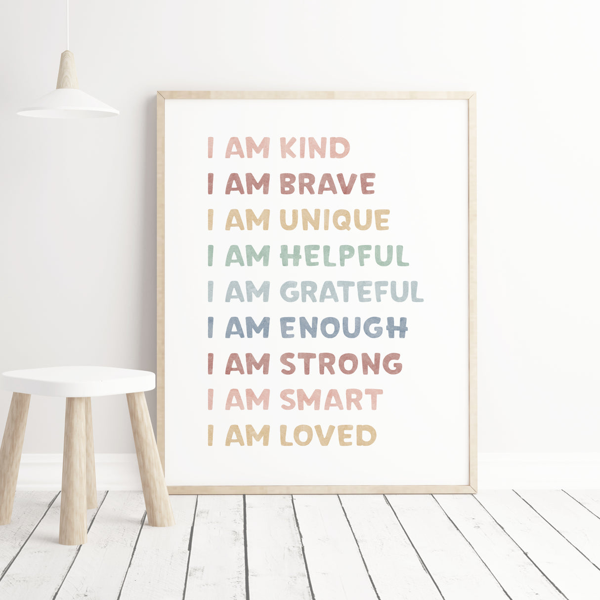 Watercolor rainbow affirmation print with positive, inspirational quote: I am kind, brave, unique,helpful, grateful, enough, strong, smart, loved.