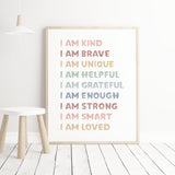 Watercolor rainbow affirmation print with positive, inspirational quote: I am kind, brave, unique,helpful, grateful, enough, strong, smart, loved.