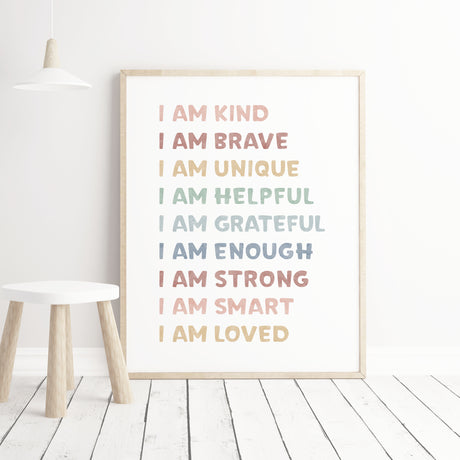 Watercolor rainbow affirmation print with positive, inspirational quote: I am kind, brave, unique,helpful, grateful, enough, strong, smart, loved.