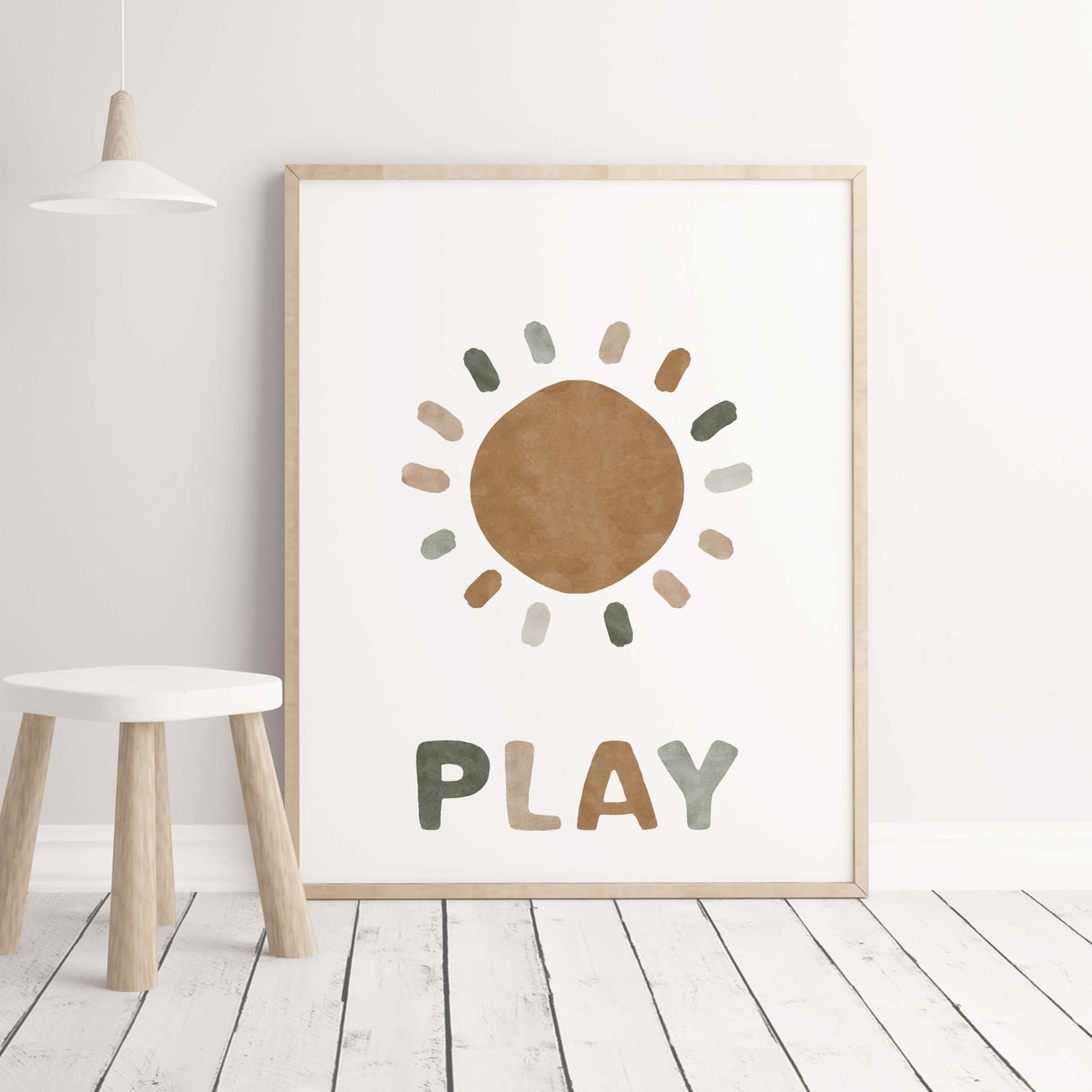 Watercolor play nursery print for gender neutral nursery and kids decor with earth colors.