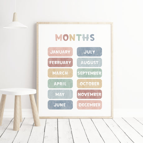 Watercolor months educational print for neutral nursery and kids room decor.