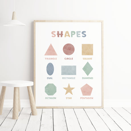 Watercolor shapes print for gender neutral nursery decor and educational kids room decor