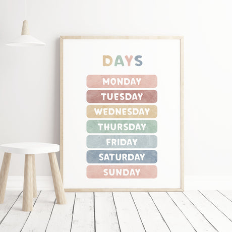 Watercolor days of the week print for neutral nursery kids and nursery room decor.