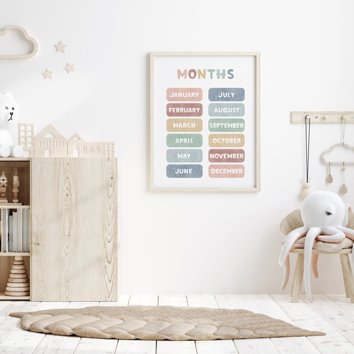 Months of the year print for educational gender  neutral kids and nursery room decor.