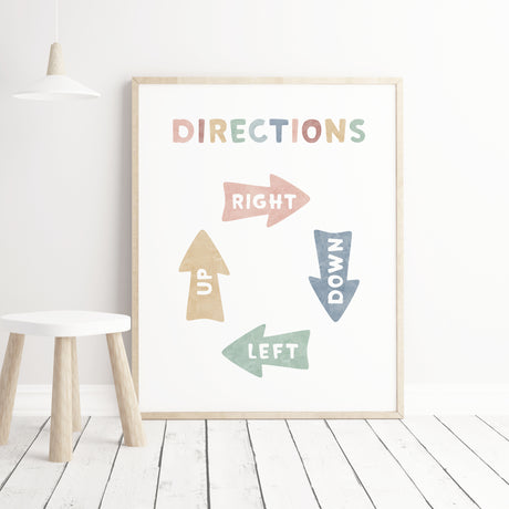 Watercolor directions print for neutral nursery and kids room decor.