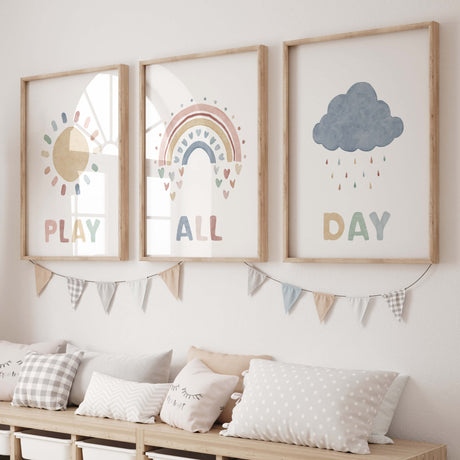 Watercolor "play all day" nursery print with rainbow, sun and cloud  for neutral nursery decor