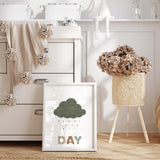 Watercolor cloud print with rainbow, sunshine, cloud for gender neutral  nursery decor and kids decor in brown, sage green, beige and gray colors.