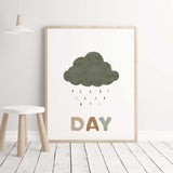 Watercolor play all day nursery print with cloud for gender neutral nursery and kids decor with earth colors.