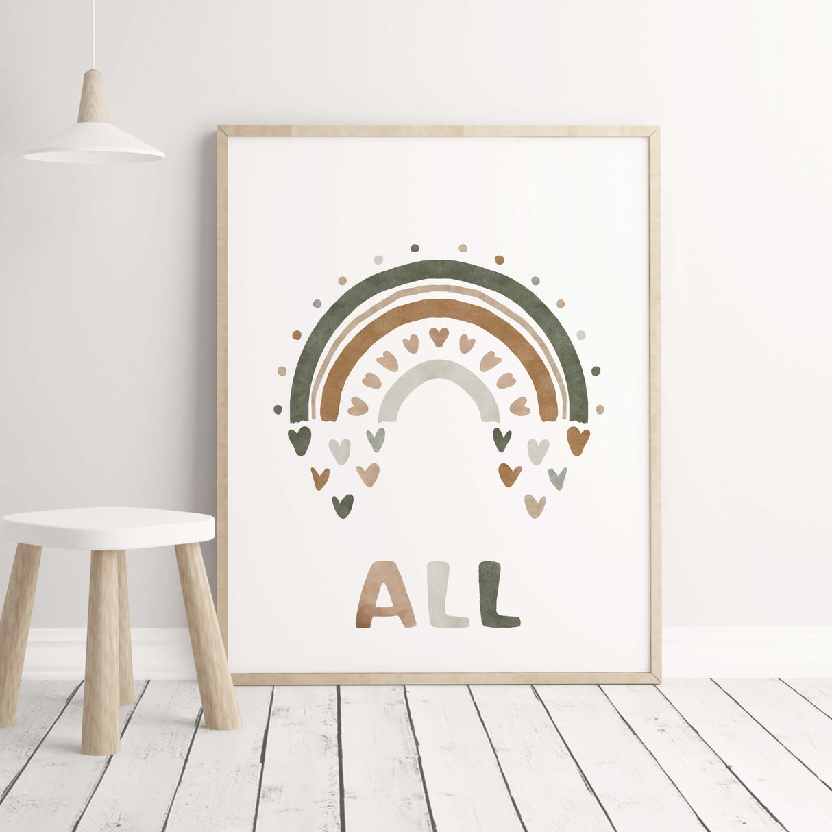 Watercolor rainbow print with rainbow, sunshine, cloud for gender neutral  nursery decor and kids decor in brown, sage green, beige and gray colors.