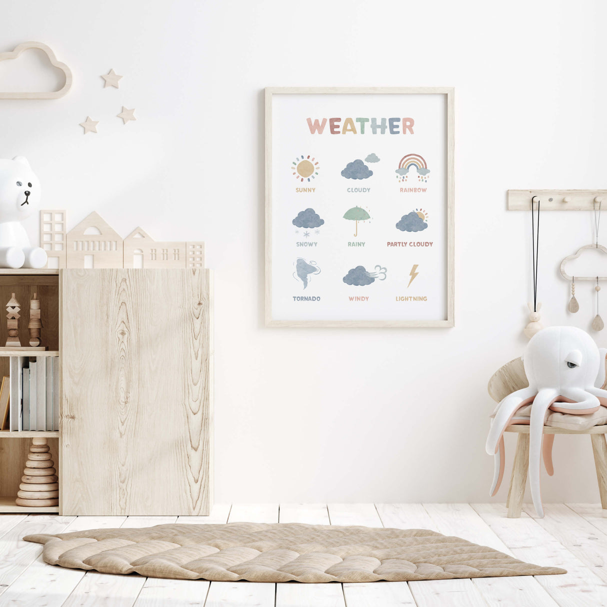 Watercolor weather print for gender neutral nursery and educational kids room decor.