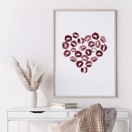 Red burgundy lips in heart print for fashion home decor, valentine's day decor, love home decor.