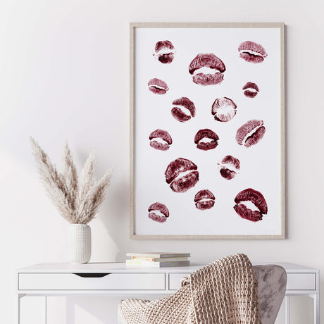 Red burgundy lips print for fashion home decor, love home decor, valentine's day home decor, boho home decor.