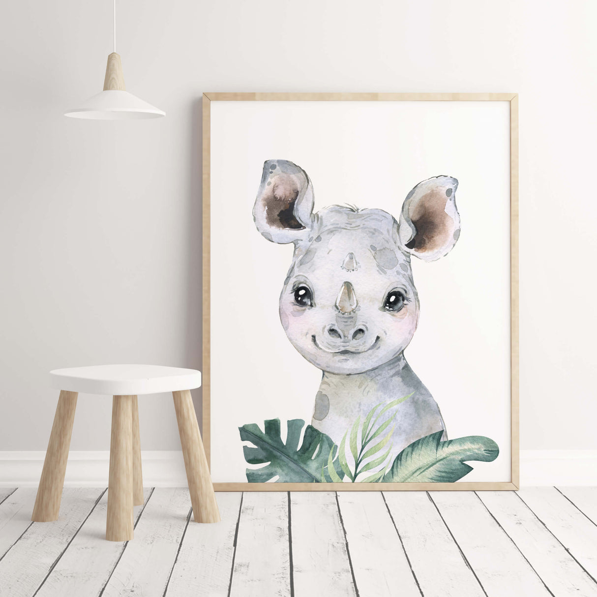 Watercolor rhino print with leaves for gender neutral nursery decor, baby boys room decor, girls room decor, boho room decor.