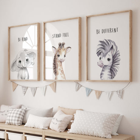 Watercolor safari animal head print with quote for gender neutral nursery decor, toddler room decor, boys room decor, girls room decor, quotes: be kind, stand tall, be different, animals: giraffe, elephant, zebra.