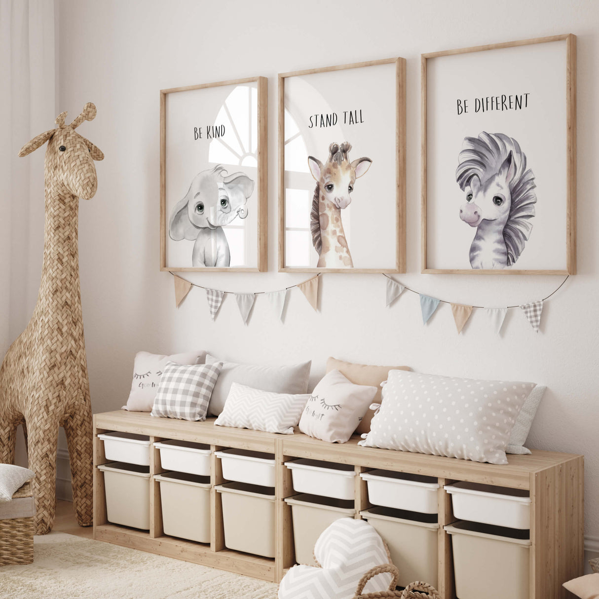 Watercolor safari animal head printable with quote for gender neutral nursery decor, toddler room decor, boys room decor, girls room decor, quotes: be kind, stand tall, be different, animals: giraffe, elephant, zebra.