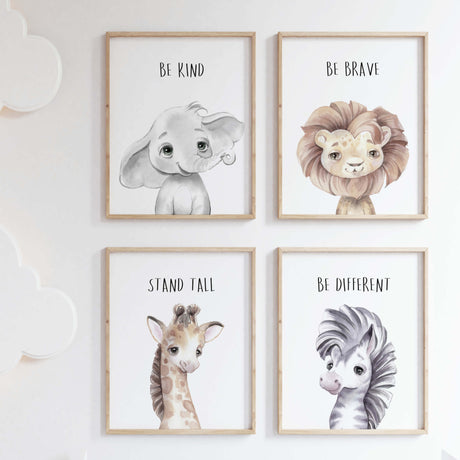 Watercolor safari animal head print with quote for gender neutral nursery decor, toddler room decor, boys room decor, girls room decor, quotes: be kind, stand tall, be different, be brave, animals: giraffe, elephant, zebra, lion