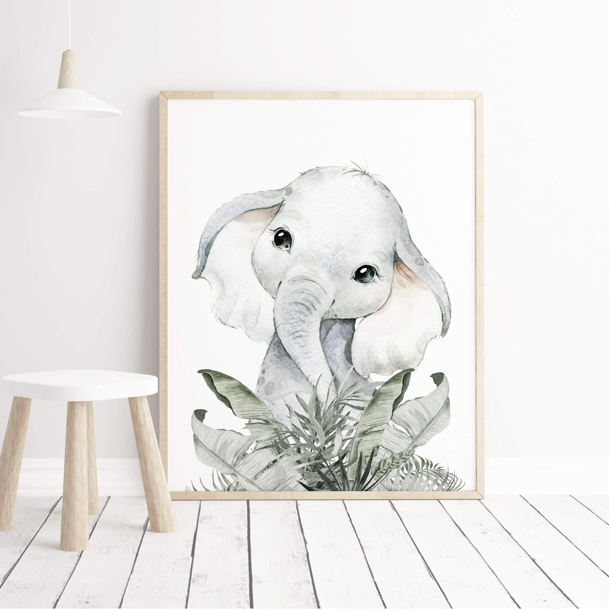 Watercolor elephant with leaves print in beige, gray, sage green colors for gender neutral nursery decor, boho nursery decor, baby boys room decor, baby girls room decor.