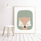 Set of 9 beige safari and woodland fox head printable with sage green background for gender neutral nursery decor, toddler room decor, boys room decor, girls room decor, sage green nursery decor, beige nursery decor, boho nursery decor.