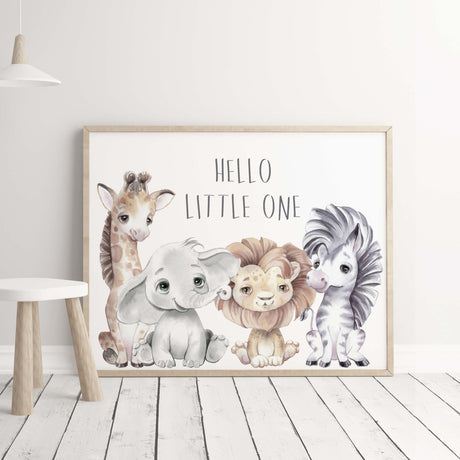 Watercolor safari animals print with hello little one quote for gender neutral nursery decor, toddler room decor, boys room decor, girls room decor, boho nursery decor, animals: giraffe, elephant, lion, zebra.