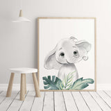 Watercolor elephant with leaves printable for gender neutral nursery decor, toddler room decor, boys room decor, girls room decor.