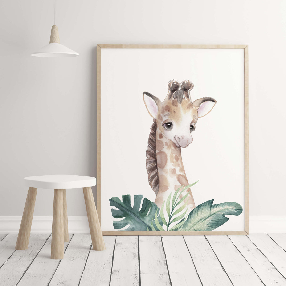 Watercolor giraffe with leaves printable for gender neutral nursery decor, toddler room decor, boys room decor, girls room decor.