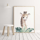 Watercolor giraffe with leaves printable for gender neutral nursery decor, toddler room decor, boys room decor, girls room decor.