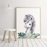 Watercolor  zebra with leaves printable for gender neutral nursery decor, toddler room decor, boys room decor, girls room decor.