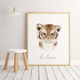 Set of 6 watercolor safari print with inspirational quote for gender neutral nursery decor, boho nursery decor, includes: tiger - be brave