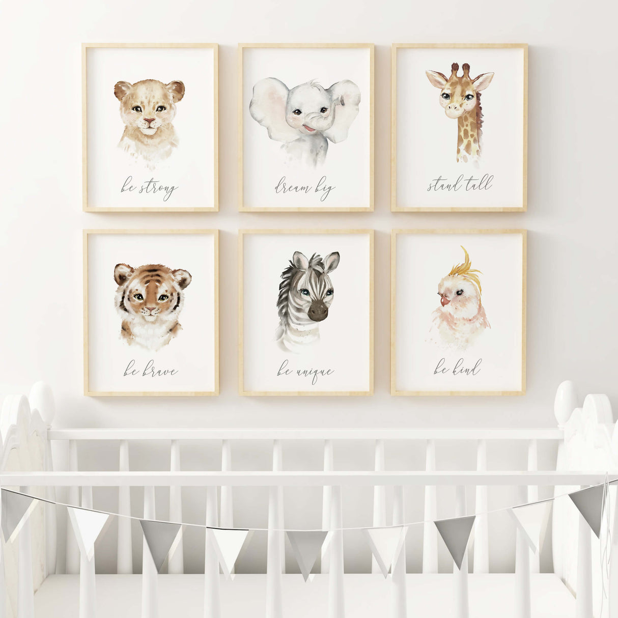 Set of 6 watercolor safari poster with inspirational quote for gender neutral nursery decor, boho nursery decor, includes: lion - be strong, Elephant - dream big, Giraffe - stand tall, Tiger - be brave, Zebra - be unique, Bird - be kind