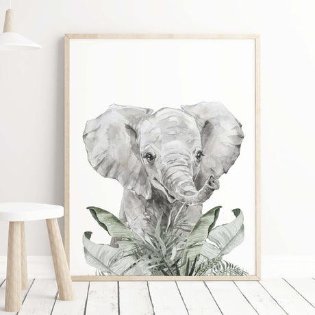 Watercolor safari animal print with elephant for neutral nursery ideas