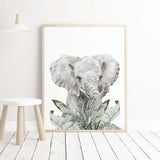 Watercolor elephant with safari leaf for neutral nursery ideas and decor.