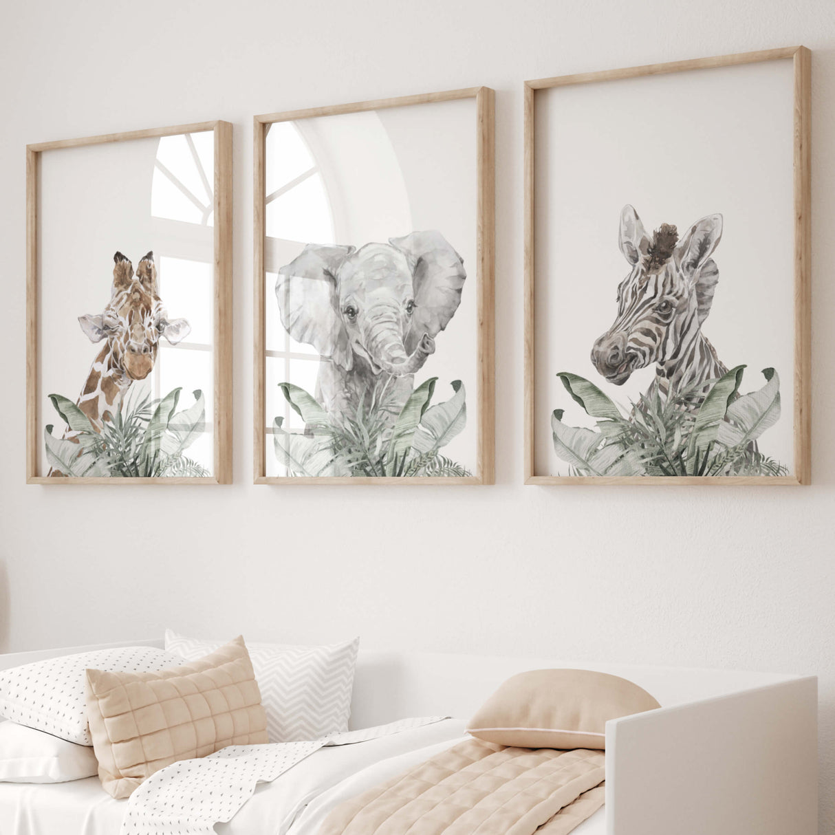 Watercolor safari animal prints with giraffe, zebra and elephant for gender neutral nursery decor.