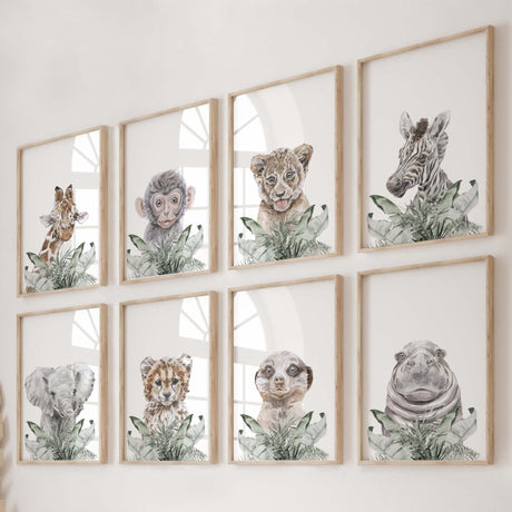 Set of 8 watercolor safari animal print with zebra, elephant, giraffe, monkey, hippo, tiger, mongoose set for neutral nursery decor, boys room decor, and girls room decor.