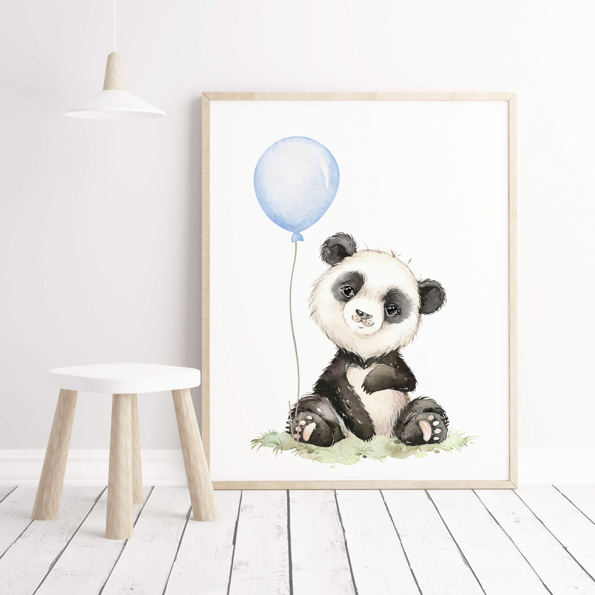 Watercolor panda print with light blue balloon for  toddler room decor, baby boys room decor, toddler room decor, boho room decor