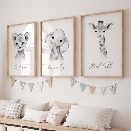 Set of 3 watercolor safari print with inspirational quote in gray, black and white colors for gender neutral nursery decor, boho nursery decor, includes: lion - be brave, Elephant - dream big, Giraffe - stand tall.