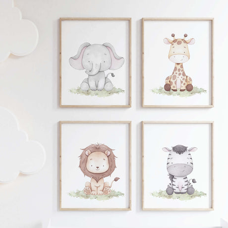 Set of 4 watercolor safari animals with soft pastel earth colors print for gender neutral nursery decor, baby boys room decor, girls room decor, animals: giraffe, elephant, zebra, lion.