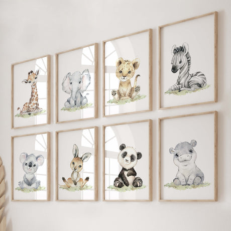 Set of 8 watercolor safari animals print for gender neutral nursery decor and ideas, includes animals: giraffe, elephant, lion, zebra, koala, kangaroo, panda, hippo.