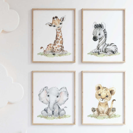 Watercolor safari animals with elephant, giraffe, zebra, lion printable for gender neutral nursery decor and ideas, boho nursery decor.