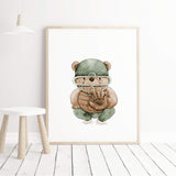 Watercolor baseball animal print with bear in sage green, brown, beige colors for gender neutral nursery decor, baby boys room decor, toddler room decor.