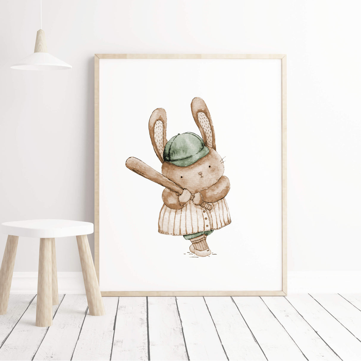 Watercolor baseball animal print with bunny in sage green, brown, beige colors for gender neutral nursery decor, baby boys room decor, toddler room decor.